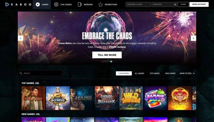 Kaboo casino lobby on desktop